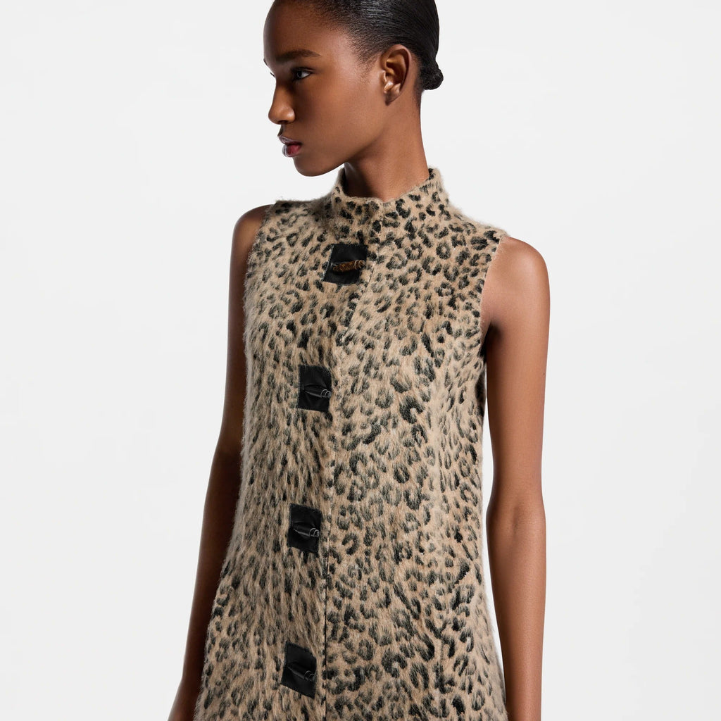 Sleevless Leopard Knit Coat