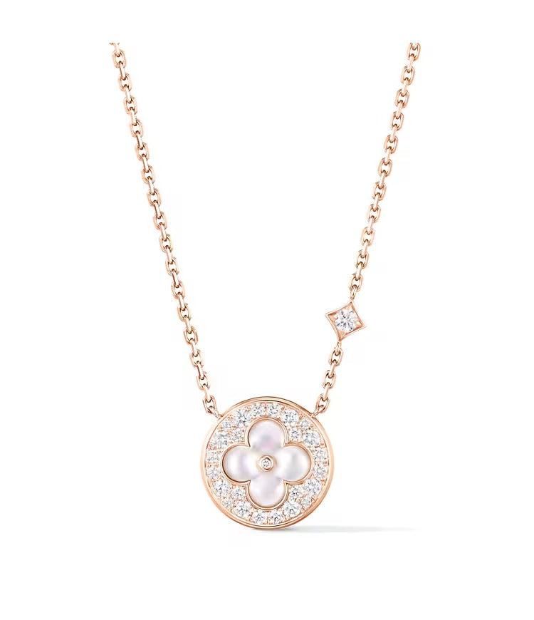 Color Blossom M Sun Pendant, Pink Gold, White Mother-of-Pearl and Diamonds