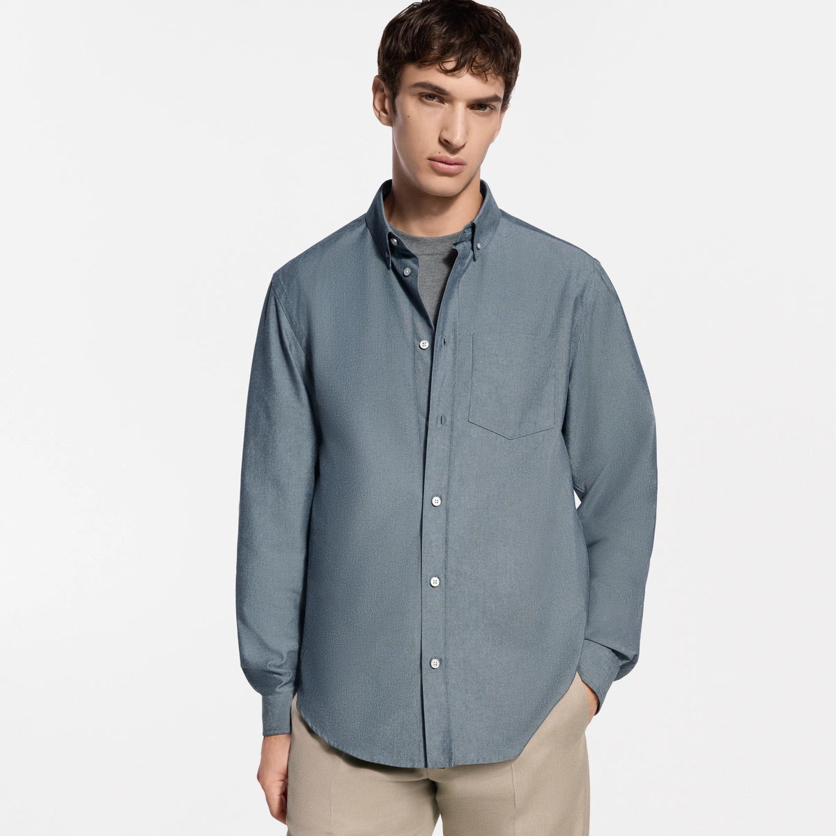 Cotton-Silk Chambray Long-Sleeved Shirt