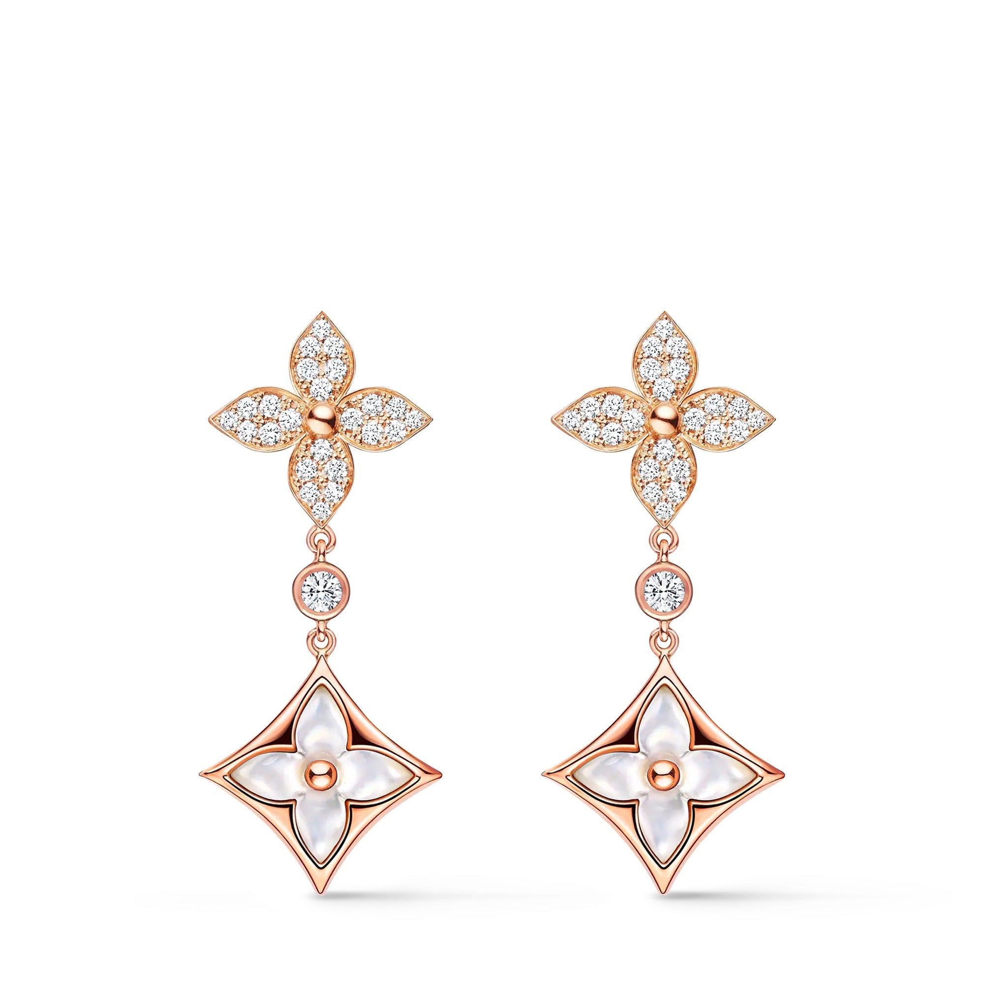 Color Blossom M Star Multi-Motif Earrings, Pink Gold, White Mother-of-Pearl and Diamonds