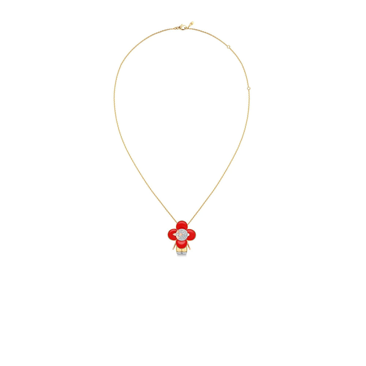 Vivienne pendant, 3 golds, red lacquer & diamonds