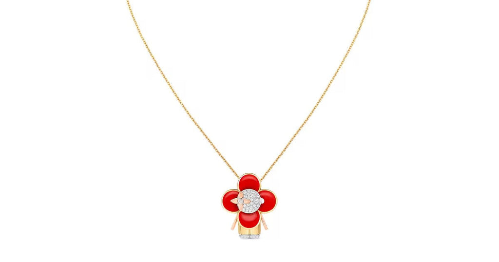 Vivienne pendant, 3 golds, red lacquer & diamonds