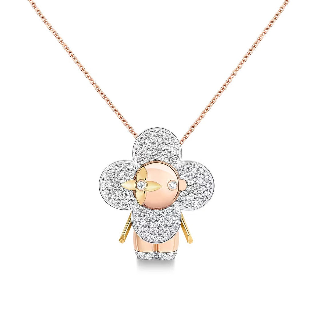 Vivienne large pendant, 3 golds & diamonds pavage