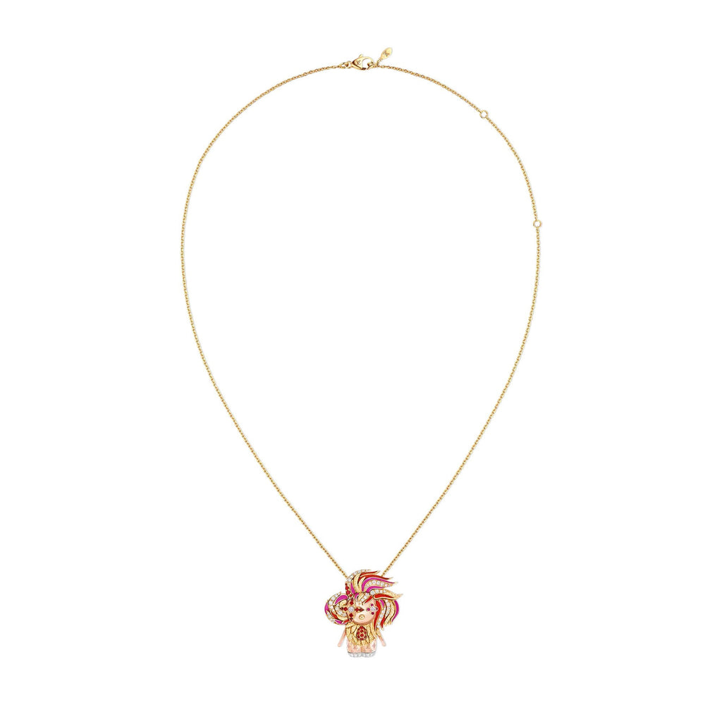 Vivienne Rooster Pendant, 3 Golds, Lacquer, Diamonds & Colored Gemstones