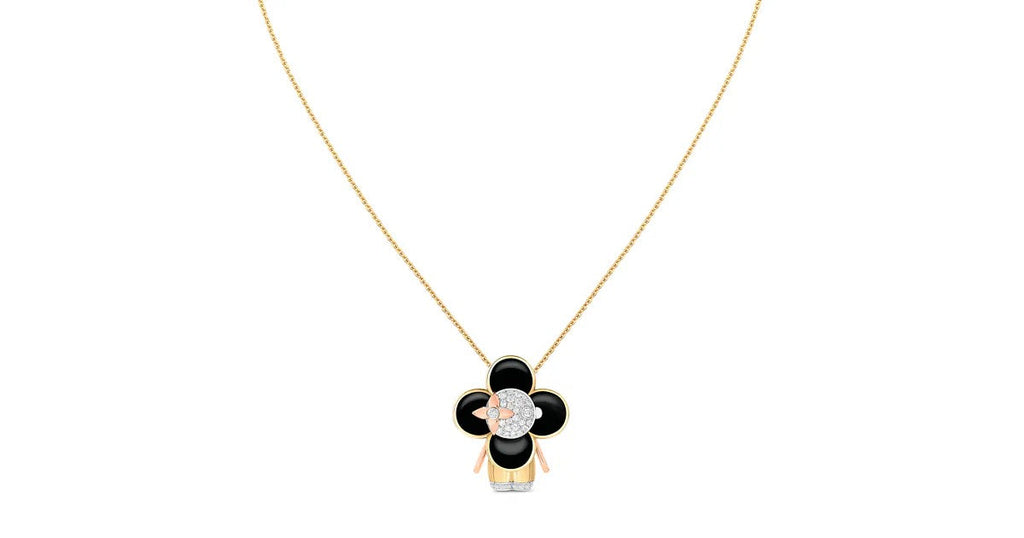 Vivienne pendant, 3 golds, black lacquer & diamonds