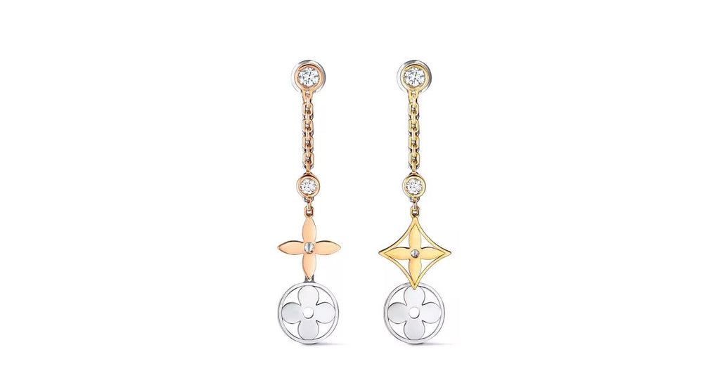 Blossom long earrings, 3 golds and diamonds