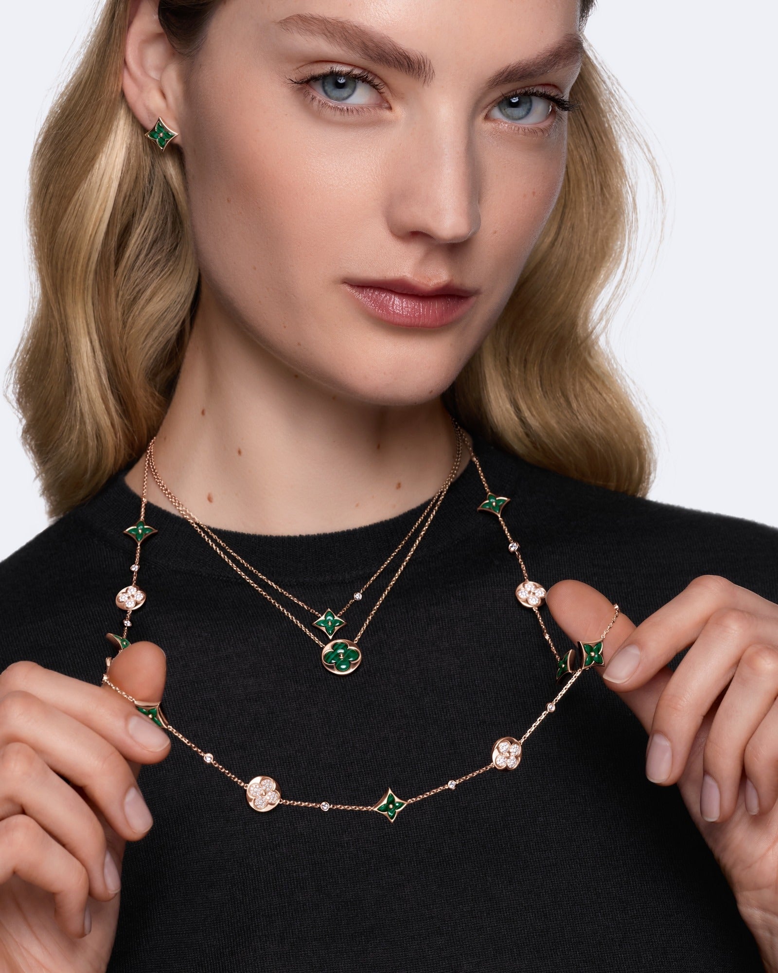 Color Blossom M Sun Pendant, Pink Gold and Malachite
