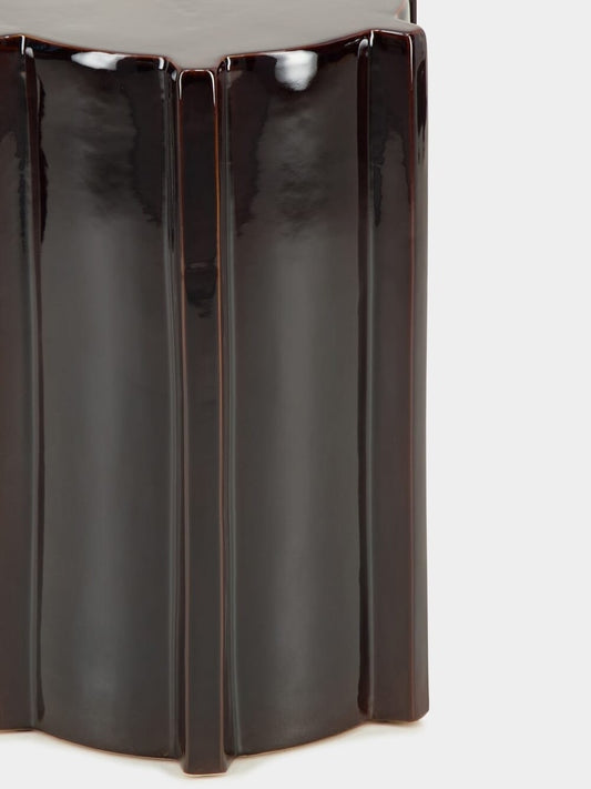 Tablua Dark Brown Glazed Stoneware Side Table with Vertical Ridges
