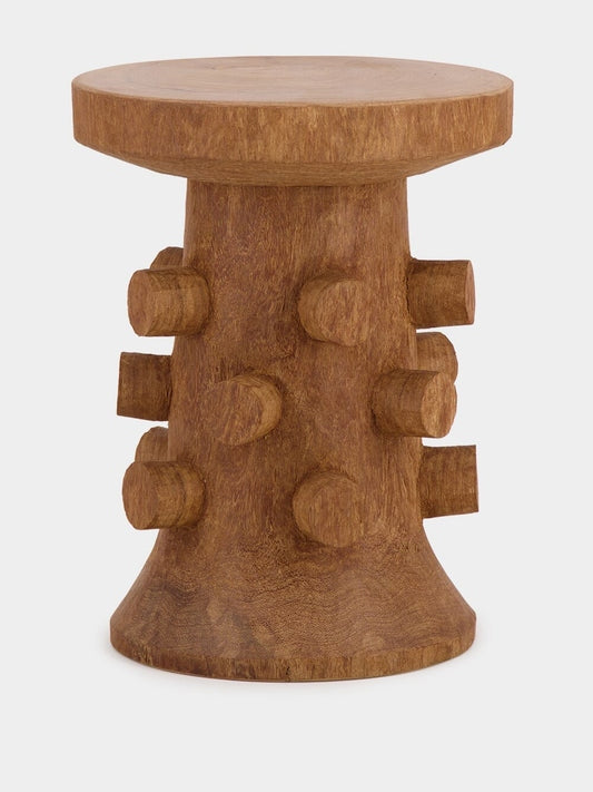 Tablua Round Cognac Wood Side Table with Sculpted Pedestal Base