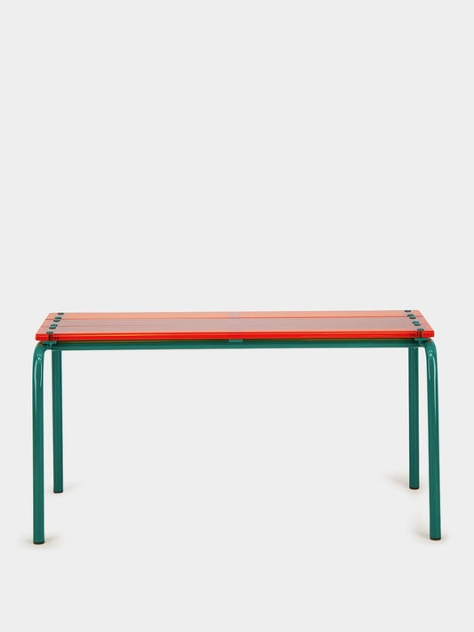 Tablua Orange Acrylic Glass Slat Bench with Peacock Blue Frame