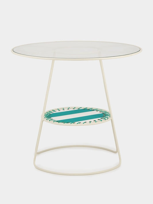 Tablua Round Glass Side Table with Decorative Fabric Shelf