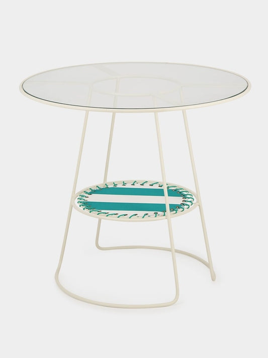 Tablua Round Glass Side Table with Decorative Fabric Shelf