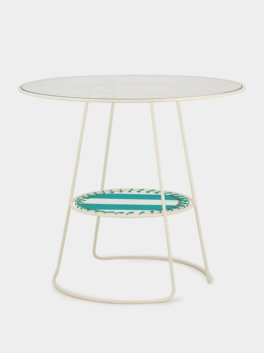 Tablua Round Glass Side Table with Decorative Fabric Shelf
