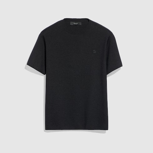 Knit silk cotton T-shirt with embroidery - black