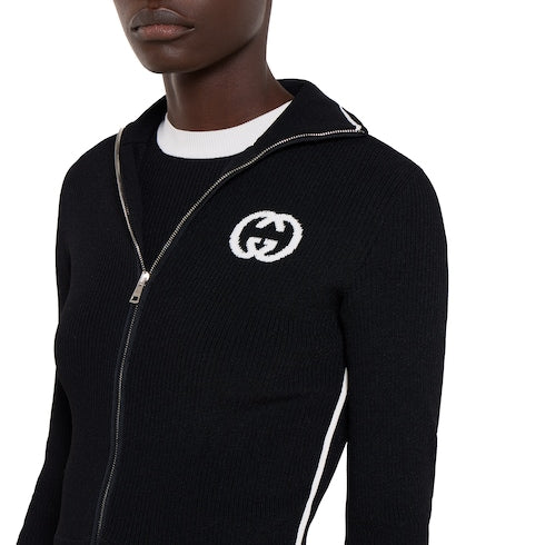 Ribbed zip jacket with intarsia - black