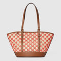 Woven small tote bag - natural and red fabric