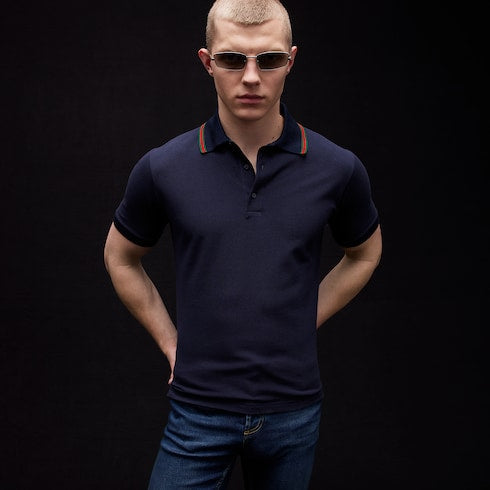 Cotton jersey piquet polo shirt - dark blue