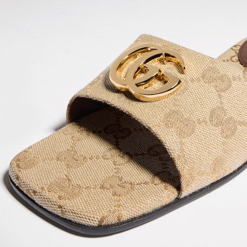 Women's slide sandal with Double G - sand and brown GG canvas