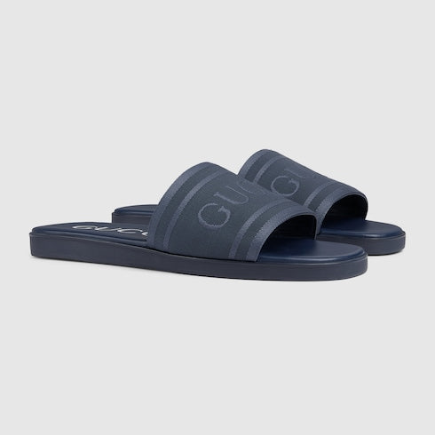 Men's slide sandal with tonal logo - blue jacquard fabric
