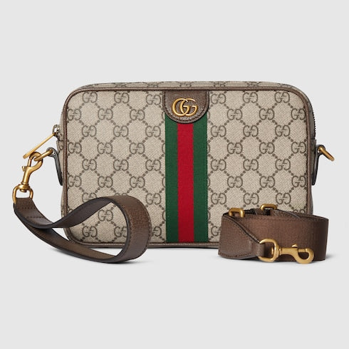 Ophidia small crossbody bag - beige and dark brown fabric