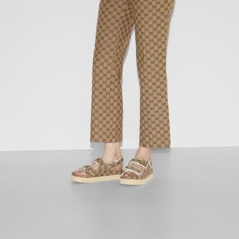 Women's sandal with Double G - beige and dark brown GG canvas