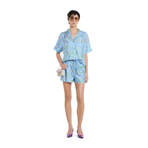 Printed silk twill shirt - light blue
