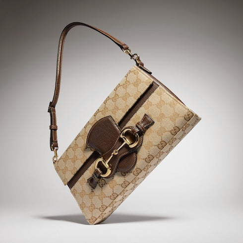 Horsebit Ristretto medium shoulder bag - sand and brown GG canvas