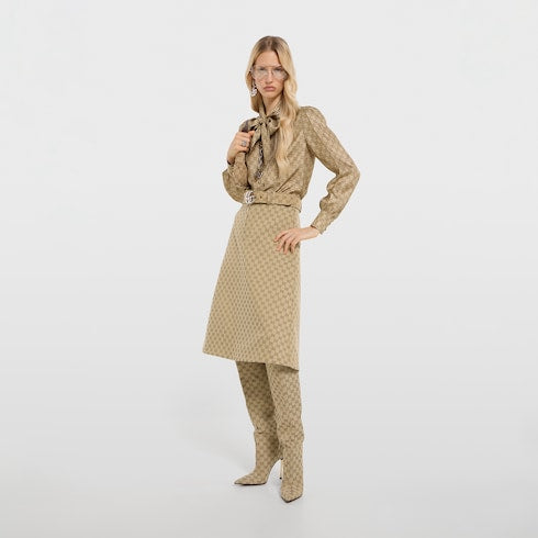 Printed silk twill shirt with bow - sand