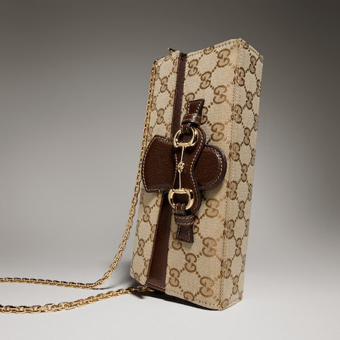 Wallet on chain with Horsebit - sand and brown GG canvas