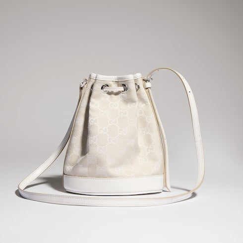 Mini bucket bag with Gucci plaque - ivory GG canvas