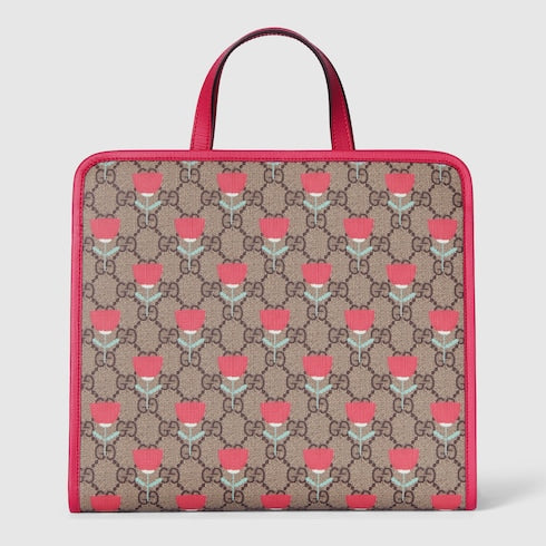 Children's flower print tote bag - beige and dark brown