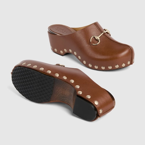 Women's platform clog with Horsebit - brown leather