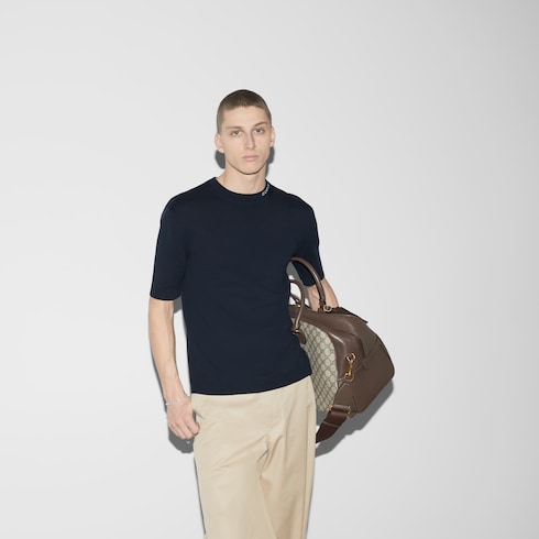 Silk cotton T-shirt with Gucci intarsia - navy