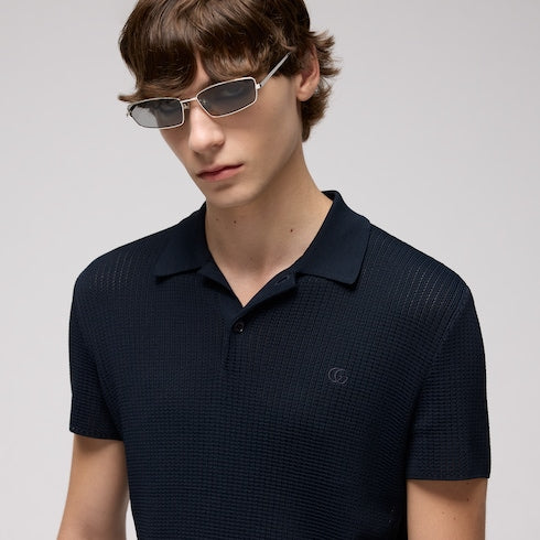 Technical knit fabric polo shirt with embroidery - dark blue