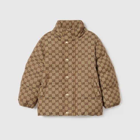 Children's GG canvas padded jacket - camel and dark brown