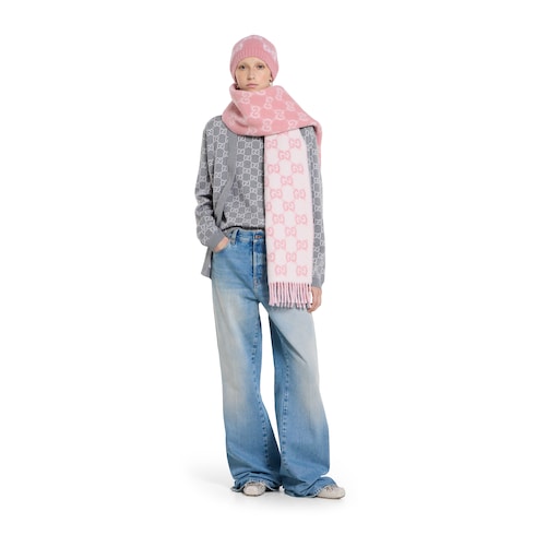 GG alpaca wool blend scarf - pink and white