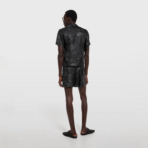 Printed silk twill bowling shirt - black and grey