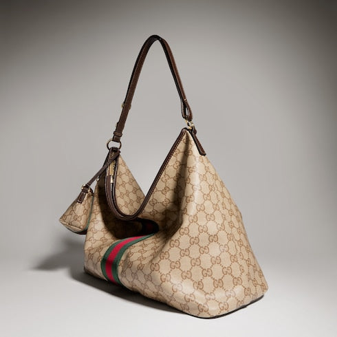Large shoulder bag with Web - sand and brown GG canvas