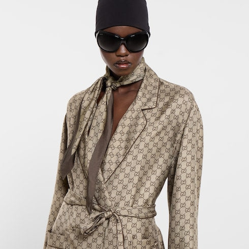 Printed silk twill diamond scarf - camel and brown