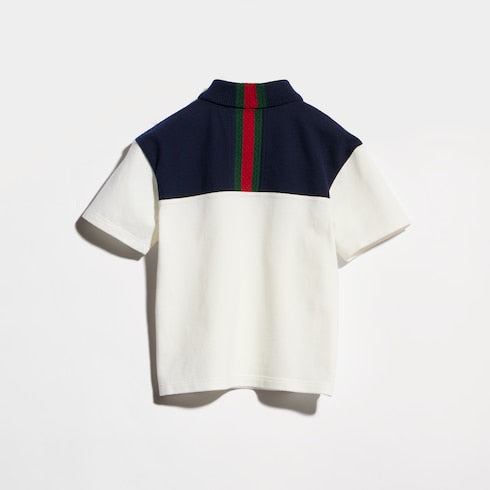 Baby cotton polo shirt with Web - ivory and dark blue