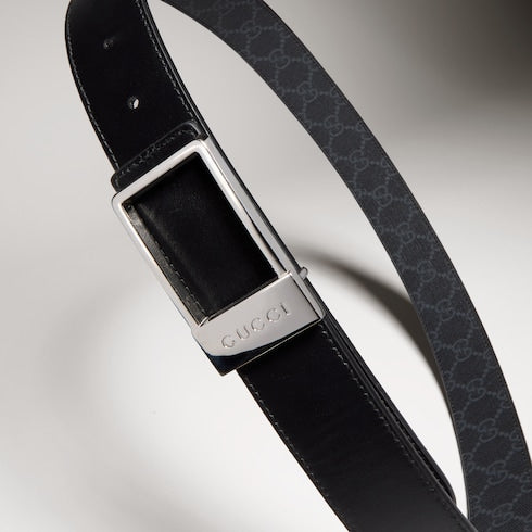 Reversible belt with rectangular buckle - black GG Supreme and leather