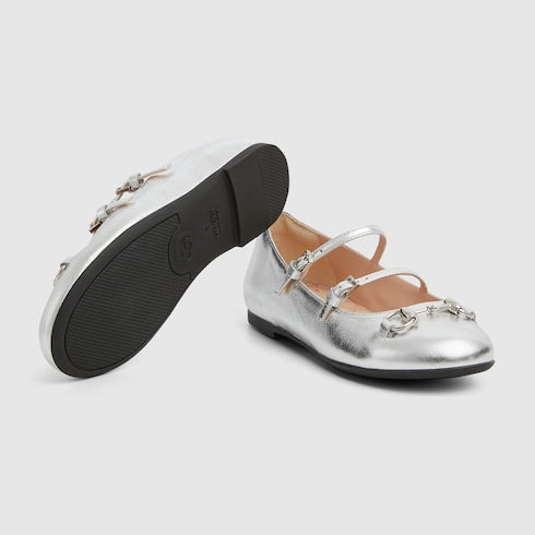 Children's ballet flat with Horsebit - silver metallic leather