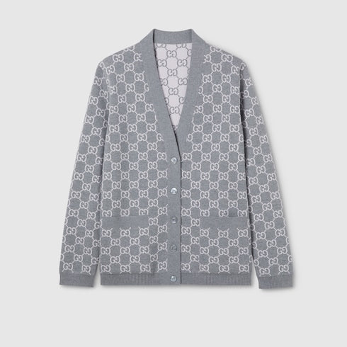 Reversible GG fine wool jacquard cardigan - light pink and grey