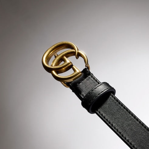 Women's Slim Black Leather Belt With GG Buckle - Women's Slim Black Leather Belt With