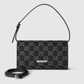 Small pouch with strap and Gucci plaque - black GG denim