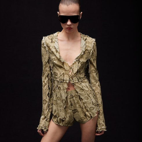 Printed silk shirt - ivory and brown