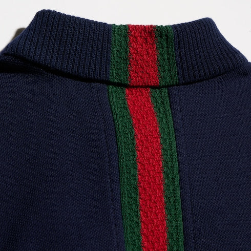 Baby cotton polo shirt with Web - ivory and dark blue
