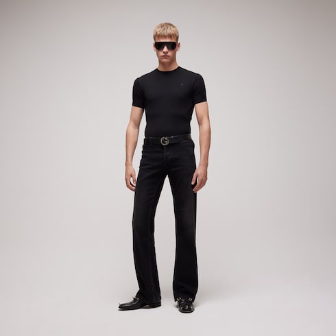 Knit silk cotton T-shirt with embroidery - black