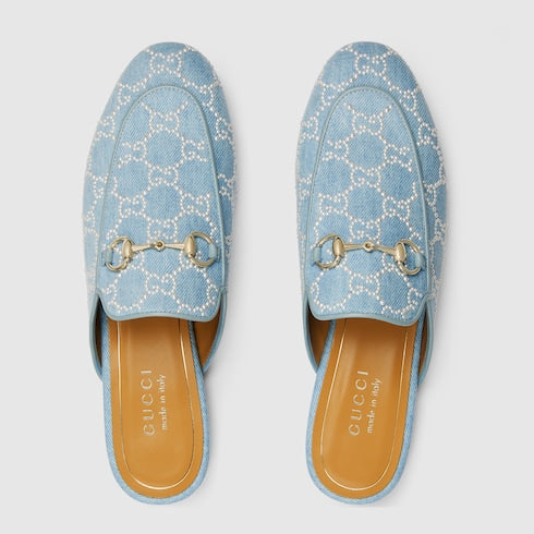 Women's Princetown slipper with pearls - light blue GG denim