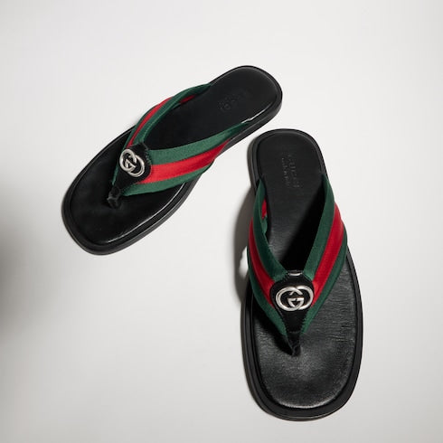 Men's thong sandal with Interlocking G - green and red nylon